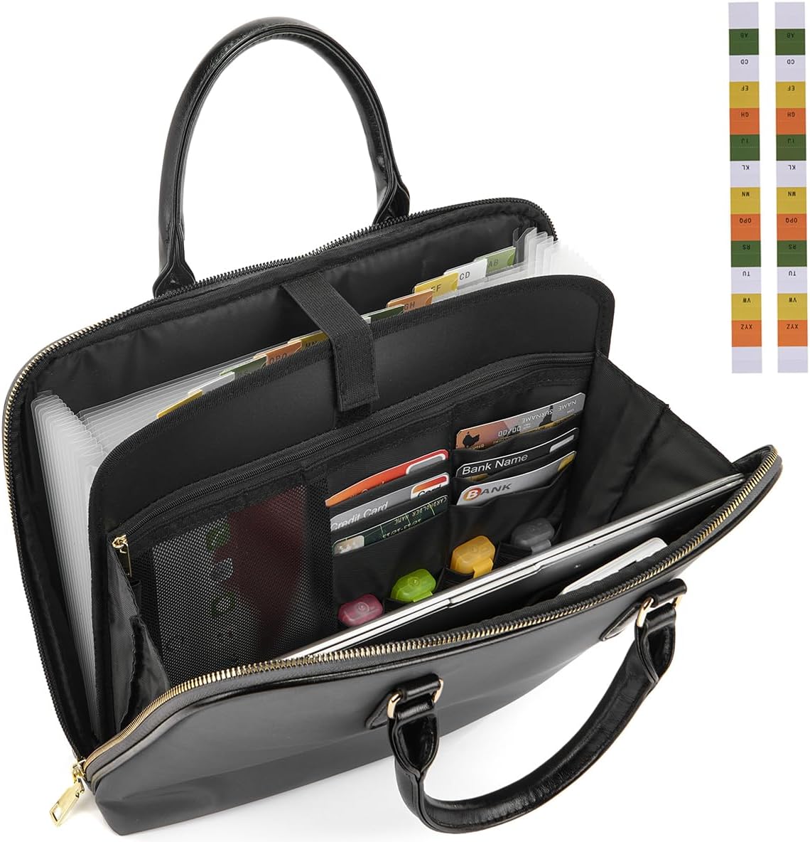 accordian file organizer tote,folder with zipper & labels,12, close-up detail