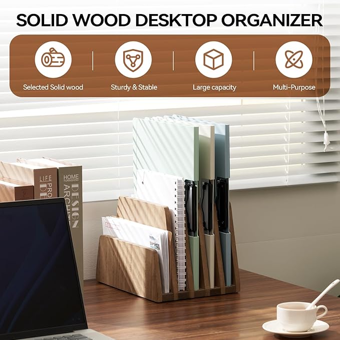 KIRIGEN Wooden Desk Mail Organizer 5 Slots File Paper Holder Desktop Wood - Image 2