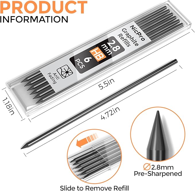 Nicpro 24 Pieces Carpenter Pencil Lead Refills 2.8mm, Break Resistant Leads - Image 2