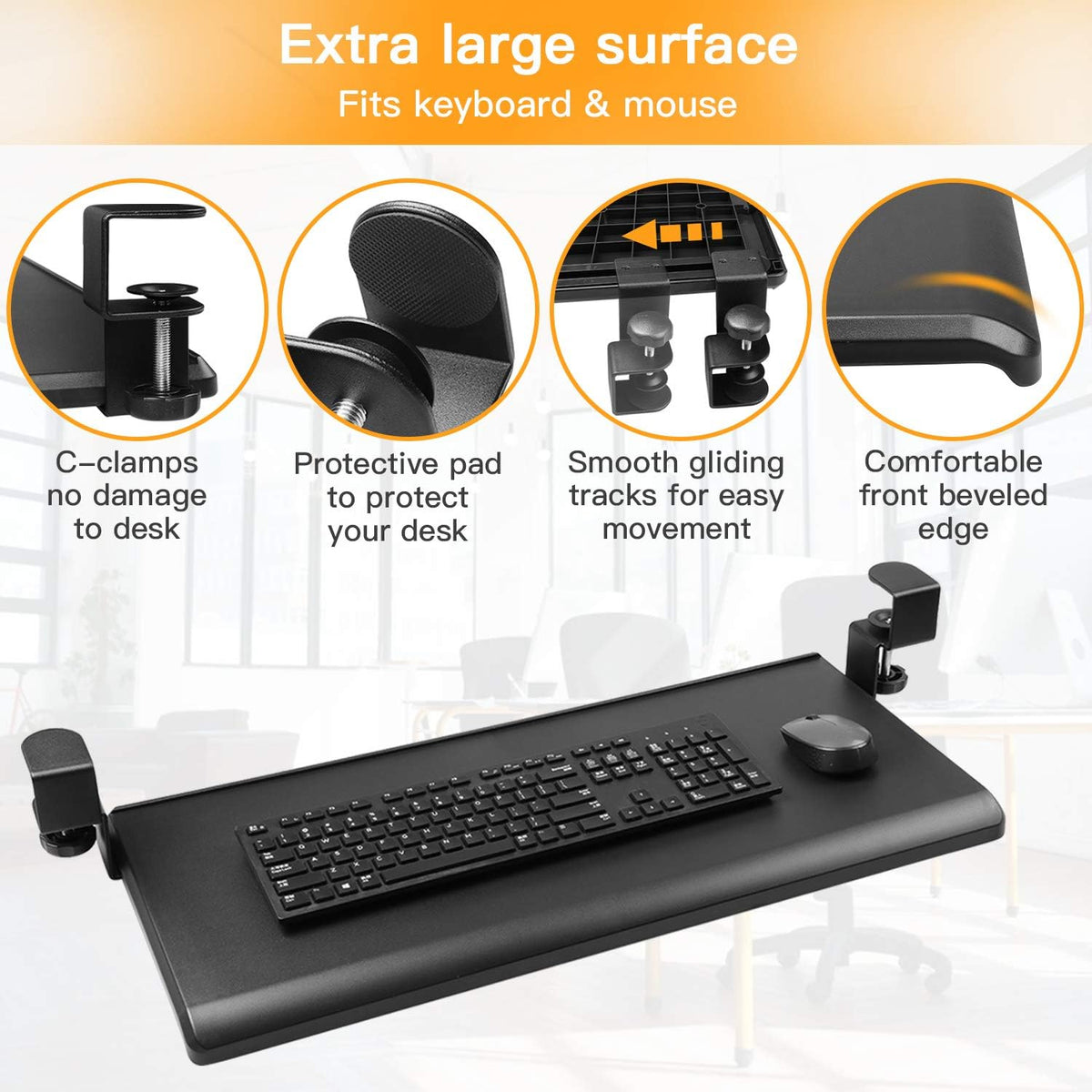 HUANUO Keyboard Tray Under Desk with C Clamp-Large Size, Steady Slide Keyboar...