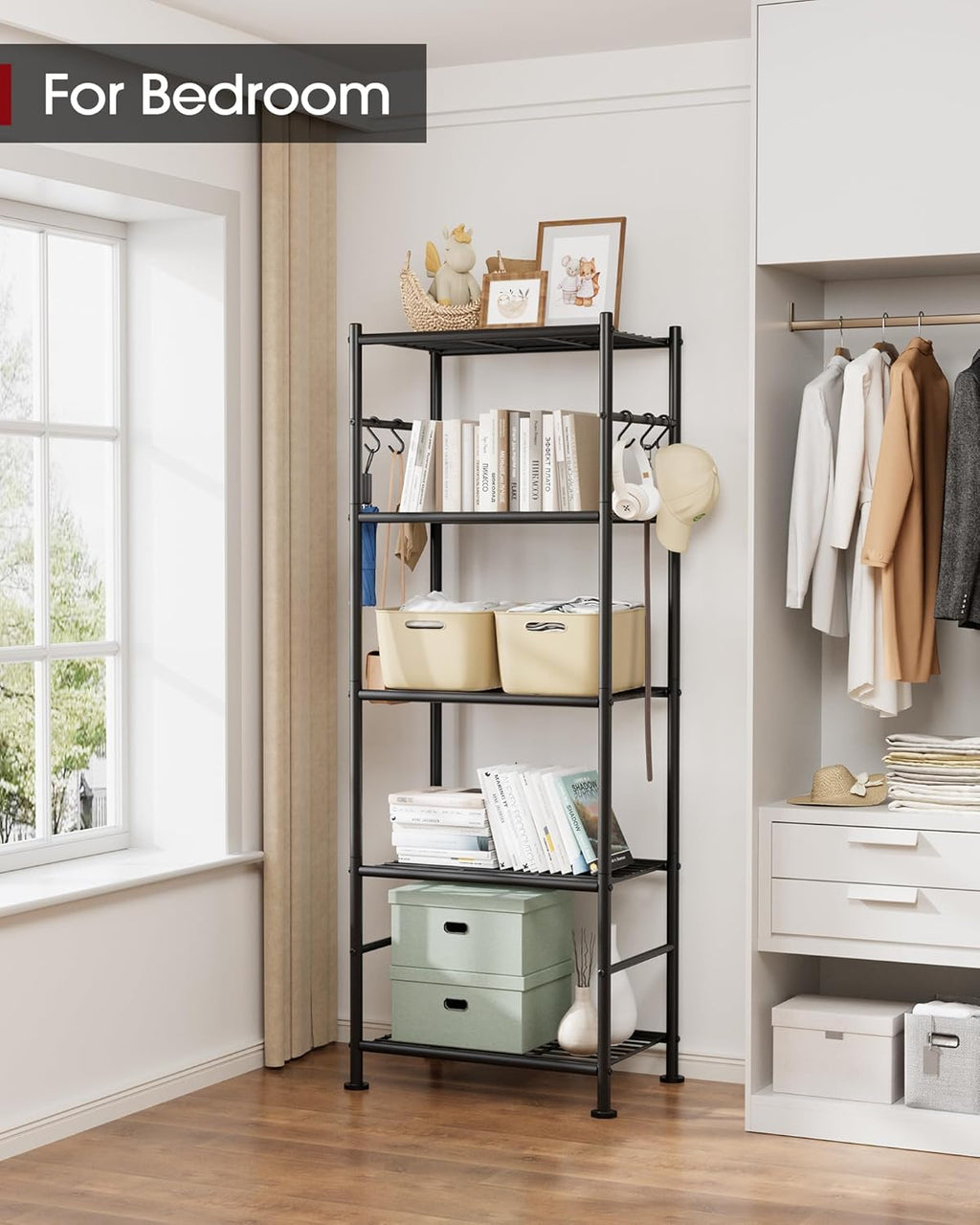 sakugi 5-tier storage rack organizer with hooks, heavy shown in use