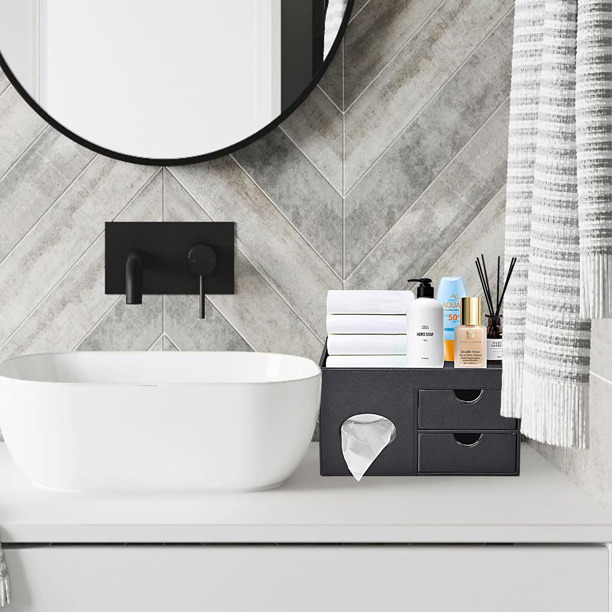 Square Tissue Box Cover with Drawers,Tissue Box Holder with Storage Tray, Mak...