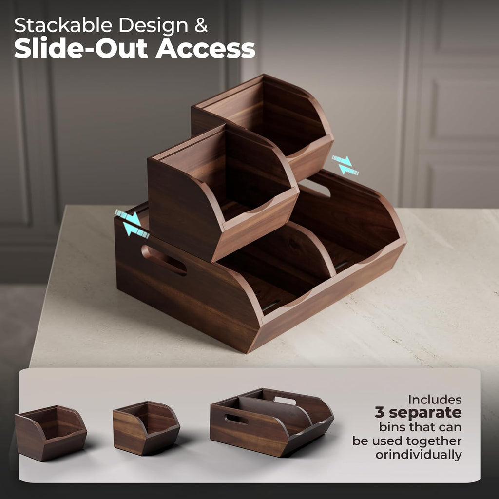 acacia wood pantry storage bins - stackable open, front angle view
