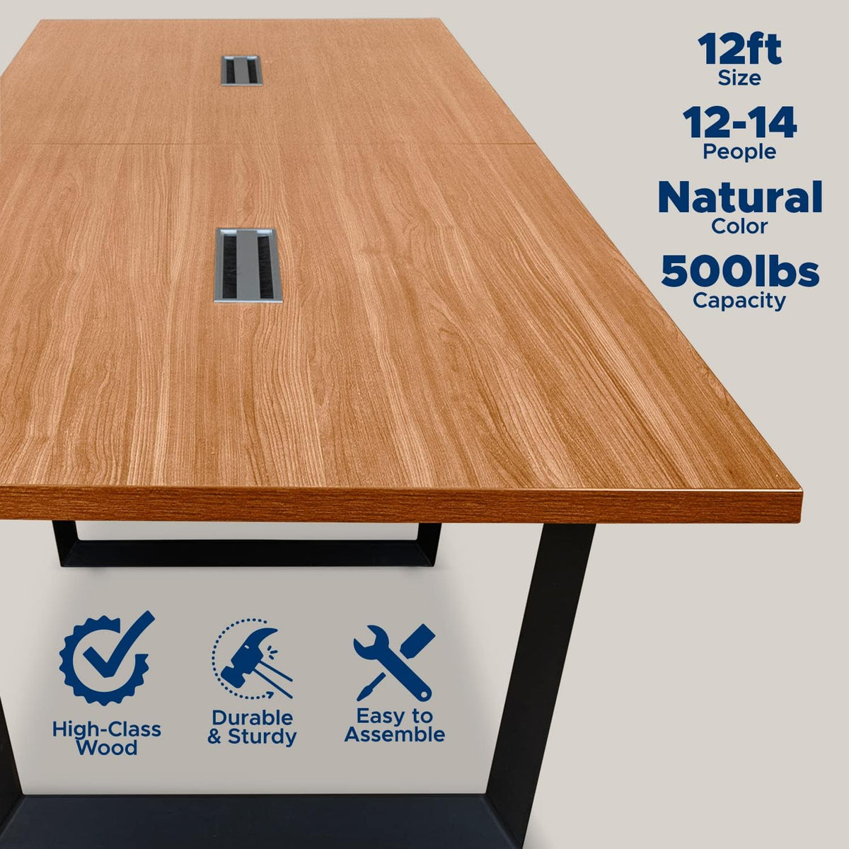 12FT Conference Table with Cable Management Grommets — Modern Rectangle Offic...