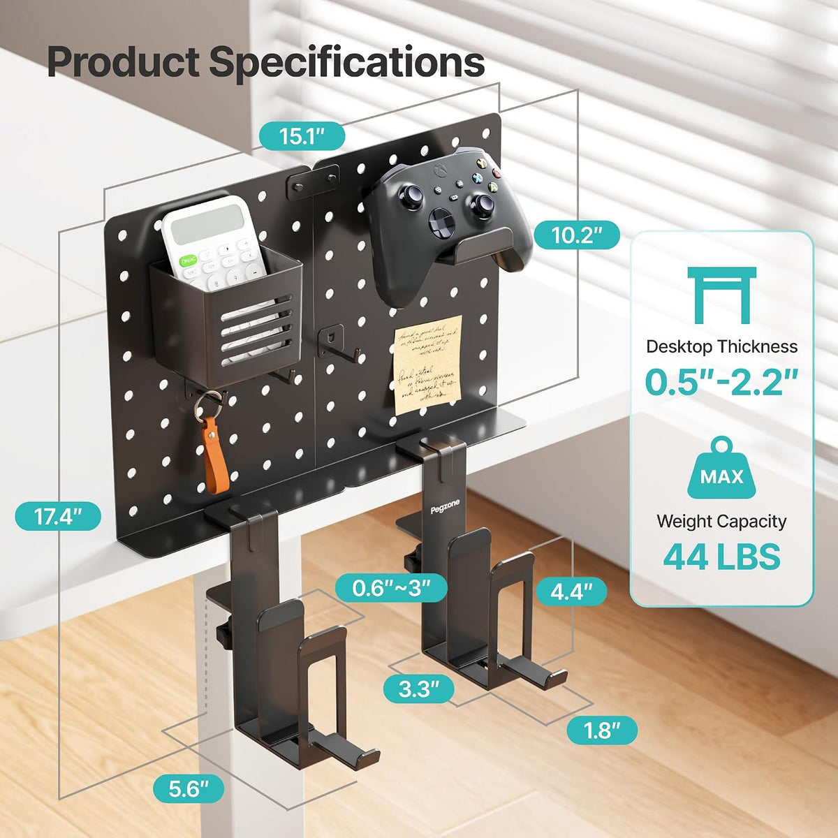 PEGZONE Clamp on Desk Pegboard Shelf, with 2-Slot Under Desk Laptop Holder