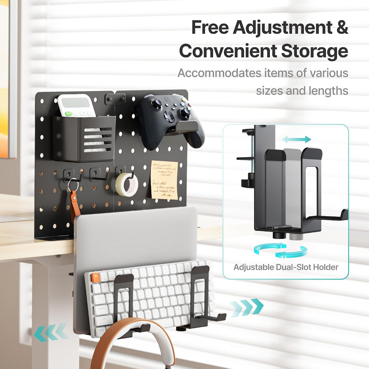 PEGZONE Clamp on Desk Pegboard Shelf, with 2-Slot Under Desk Laptop Holder