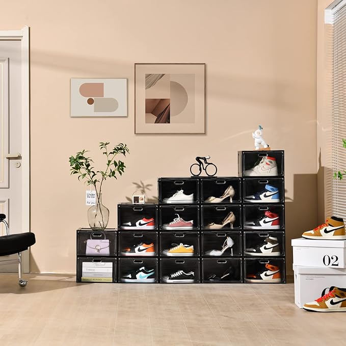 Amllas 8 Pack Shoe Boxes Black Plastic Stackable, Large Shoe Storage Organizer - Image 6