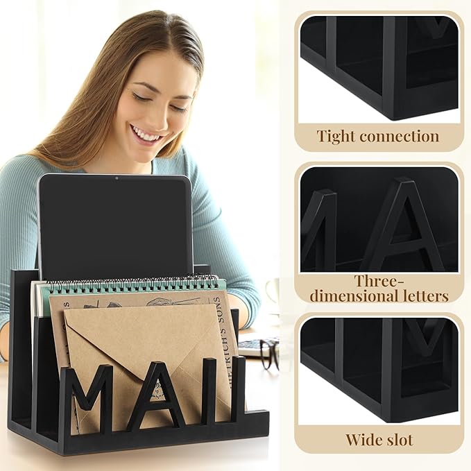 Vercraft 2 Slot Mail Organizer Holder Countertop Wooden Mail Black Letter Holder - Image 3