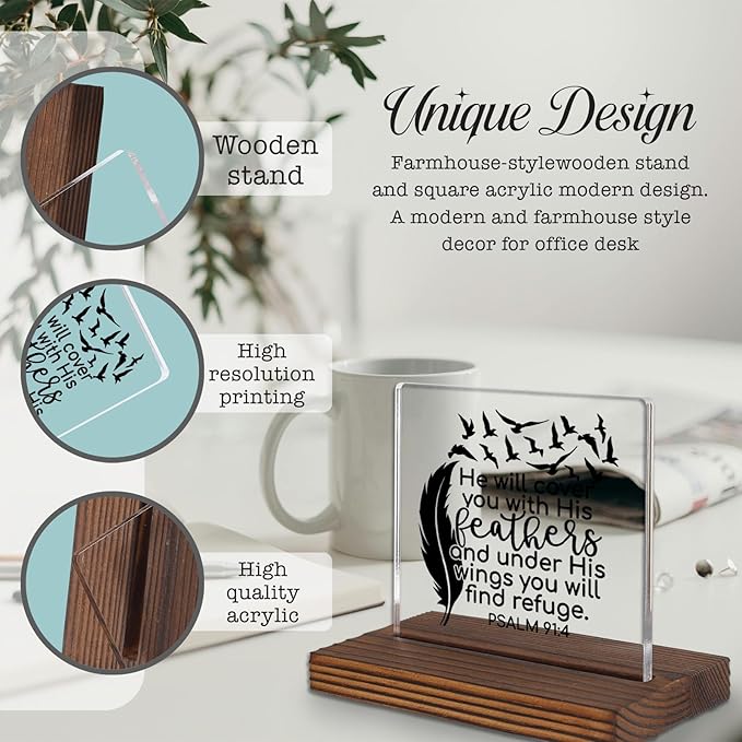 Christian Bible Verse Desk Sign, Psalm 91:4 Feather Wings Inspirational - Image 3