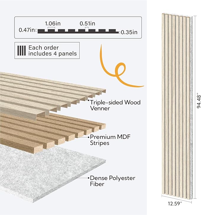 Olanglab Wood Slat Wall Panels 4 Pack, Wooden Acoustic Wall Panels, 94.5"x12.6" - Image 2