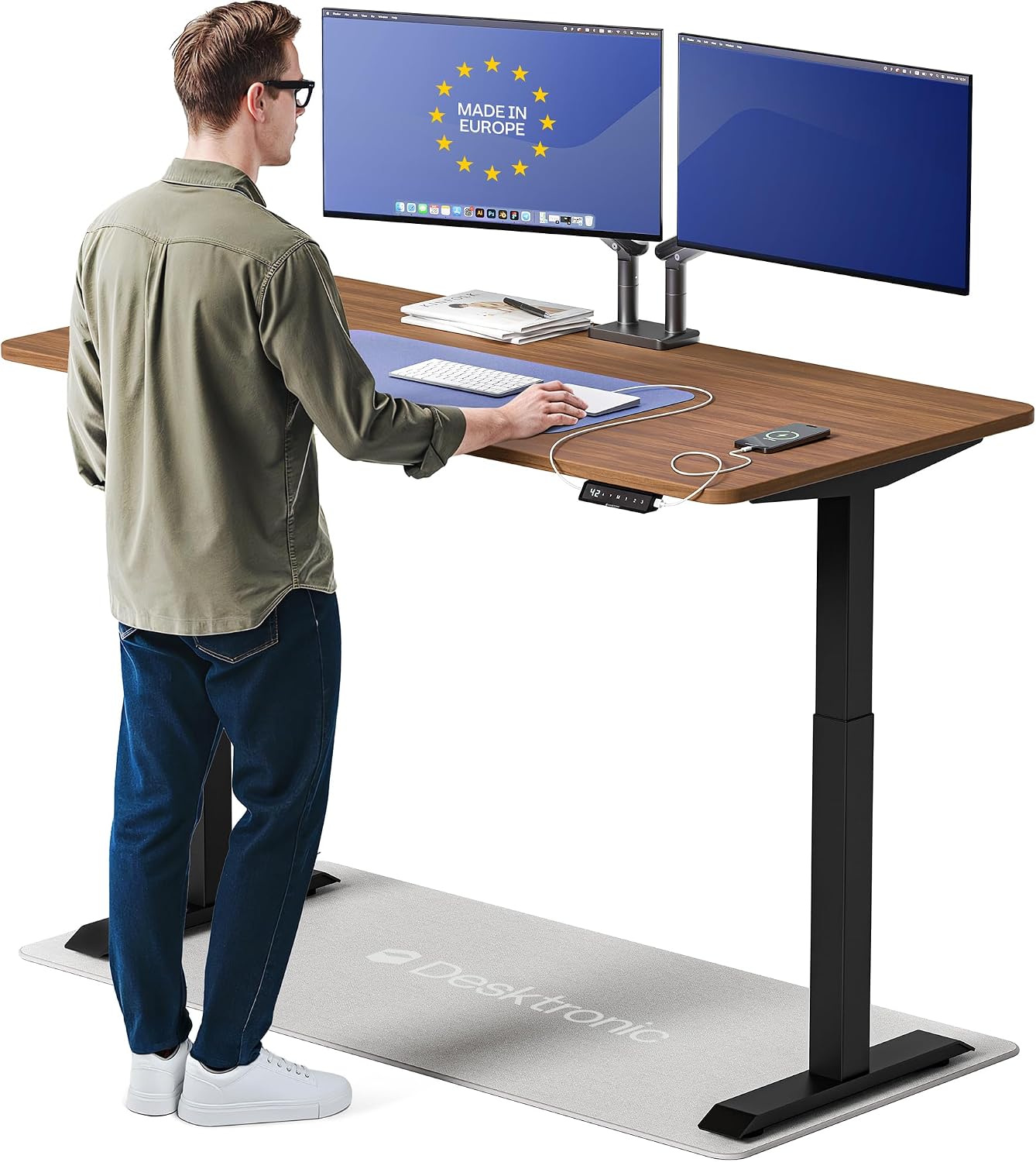 Desktronic HomeOne Standing Desk 60x30 — Ergonomic Sit Stand Home Office Desk, Made in Europe, Electric Dual Motor Height Adjustable, USB & USB-C Charging, Wobble-Free, Touchscreen, 3 Memory Presets