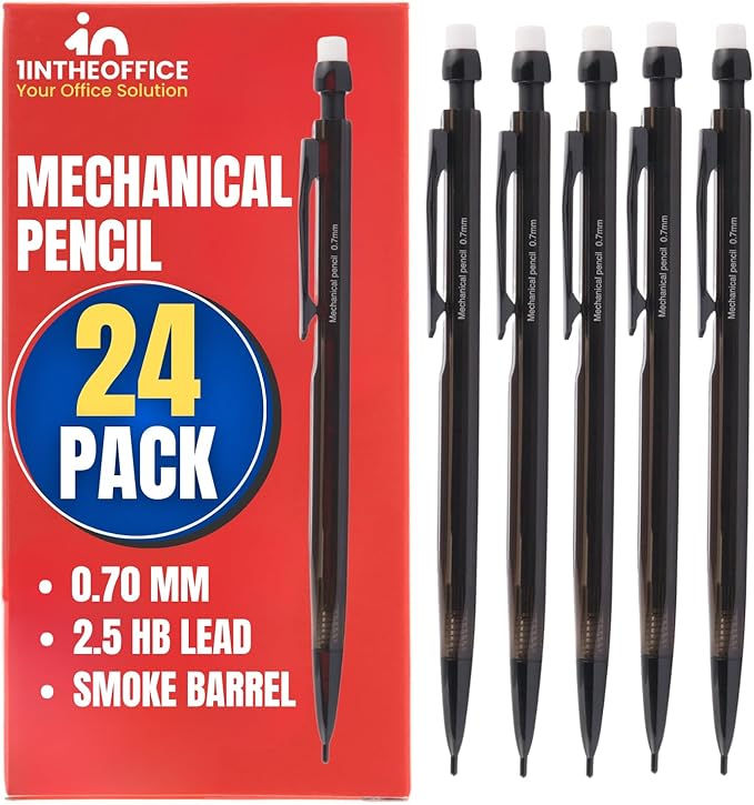 1InTheOffice Mechanical Pencils 0.7mm, HB Lead, Smoke Barrel 24 Pack by 1InTheOffice