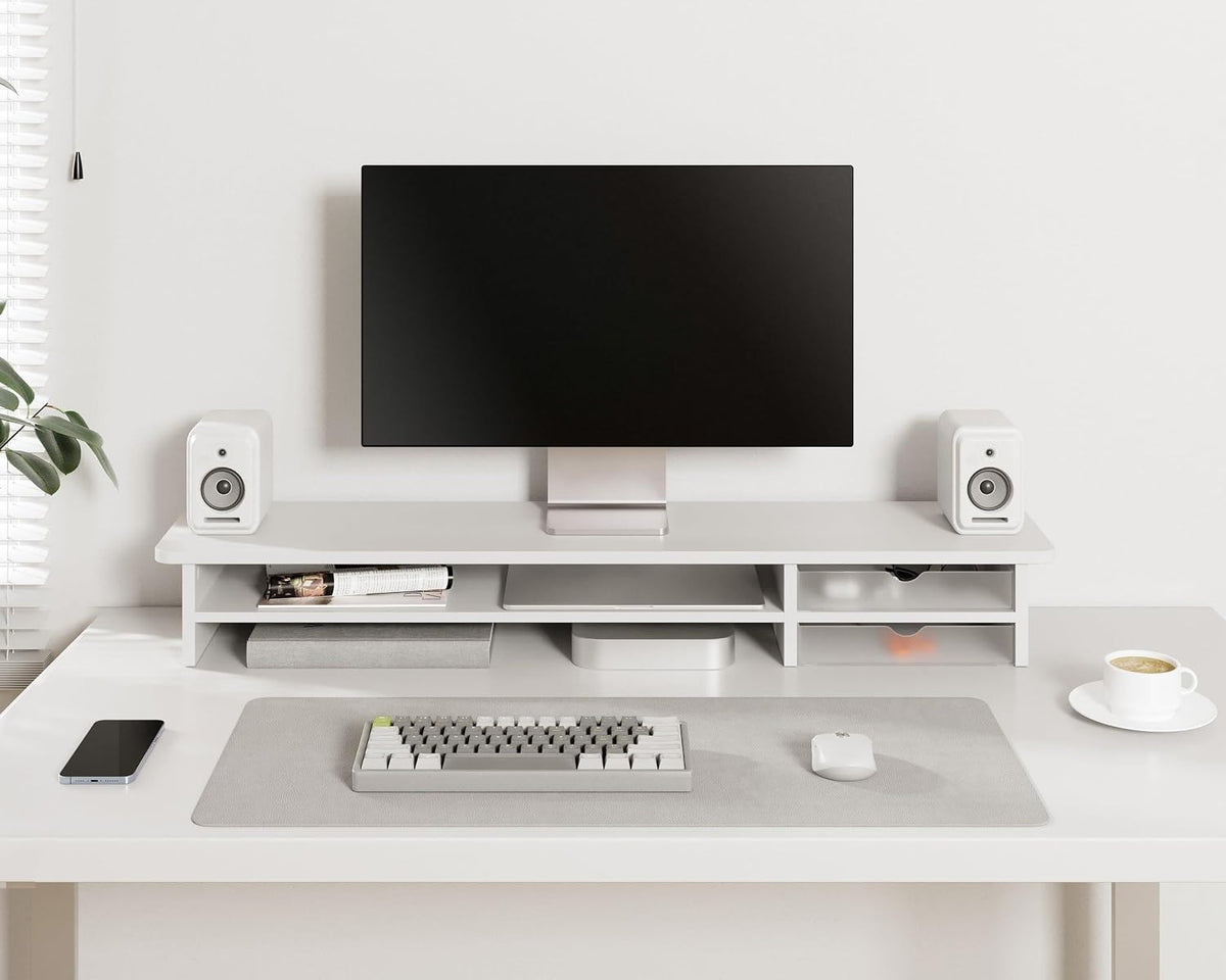 Fenge Monitor Stand, Desk Computer Riser with Frosted Storage Drawer, White