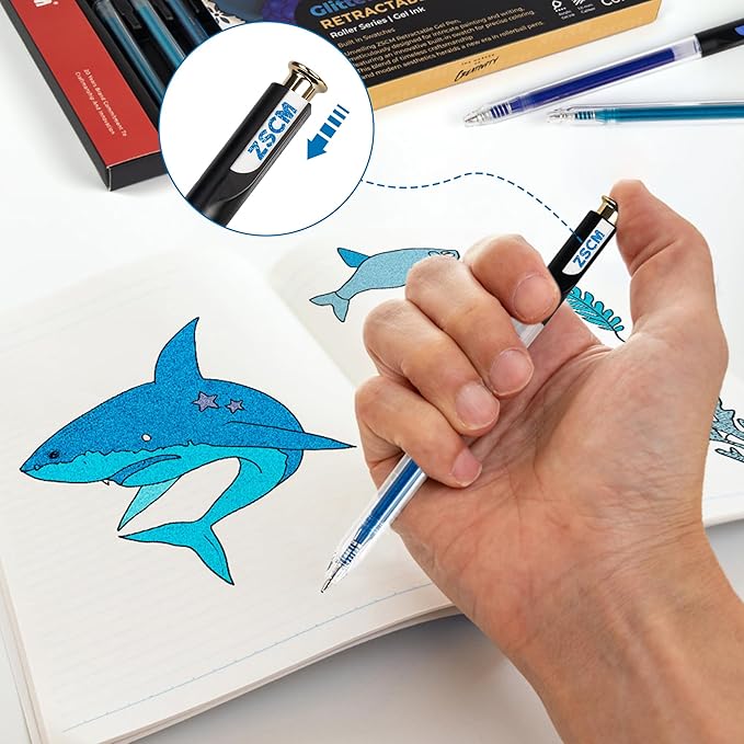 ZSCM Retractable Glitter Gel Pens, 12 Colors Large Capacity Blue Glitter - Image 6