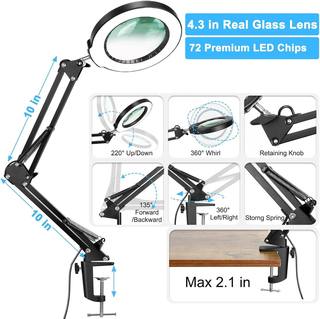 coyeth 10x magnifying glass with light and clamp showing dimensions
