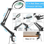 coyeth 10x magnifying glass with light and clamp showing dimensions