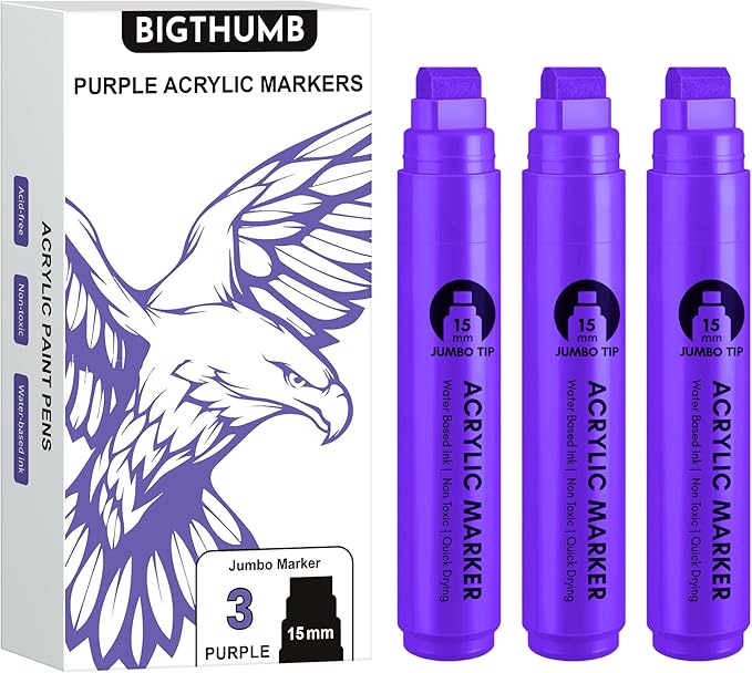 BIGTHUMB 3 Pcs Purple Jumbo Permanent Markers: 15mm Wide Tip Thick Acrylic by BIGTHUMB