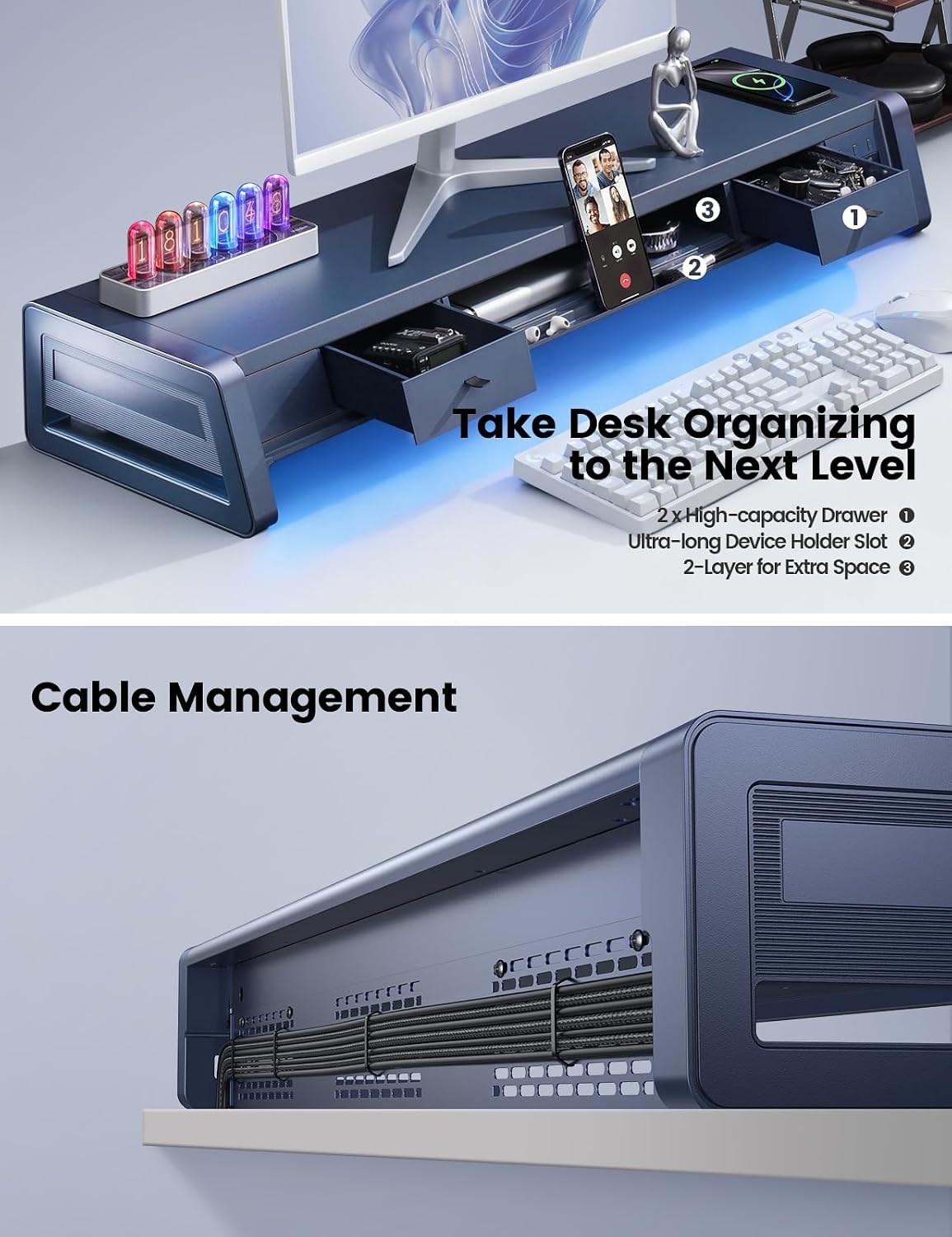 vaydeer all-in-one dual monitor stand riser with 2, side view