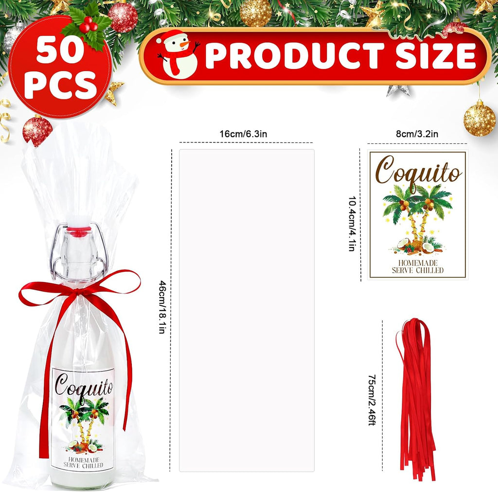 50 Sets Christmas Coquito Wine Bottle Label Stickers Kits - Cellophane Bags with Elegant Bottle Bow Decorations, Family Holiday Christmas New Year Party Supplies, Festive Table Decor (No Bottles)