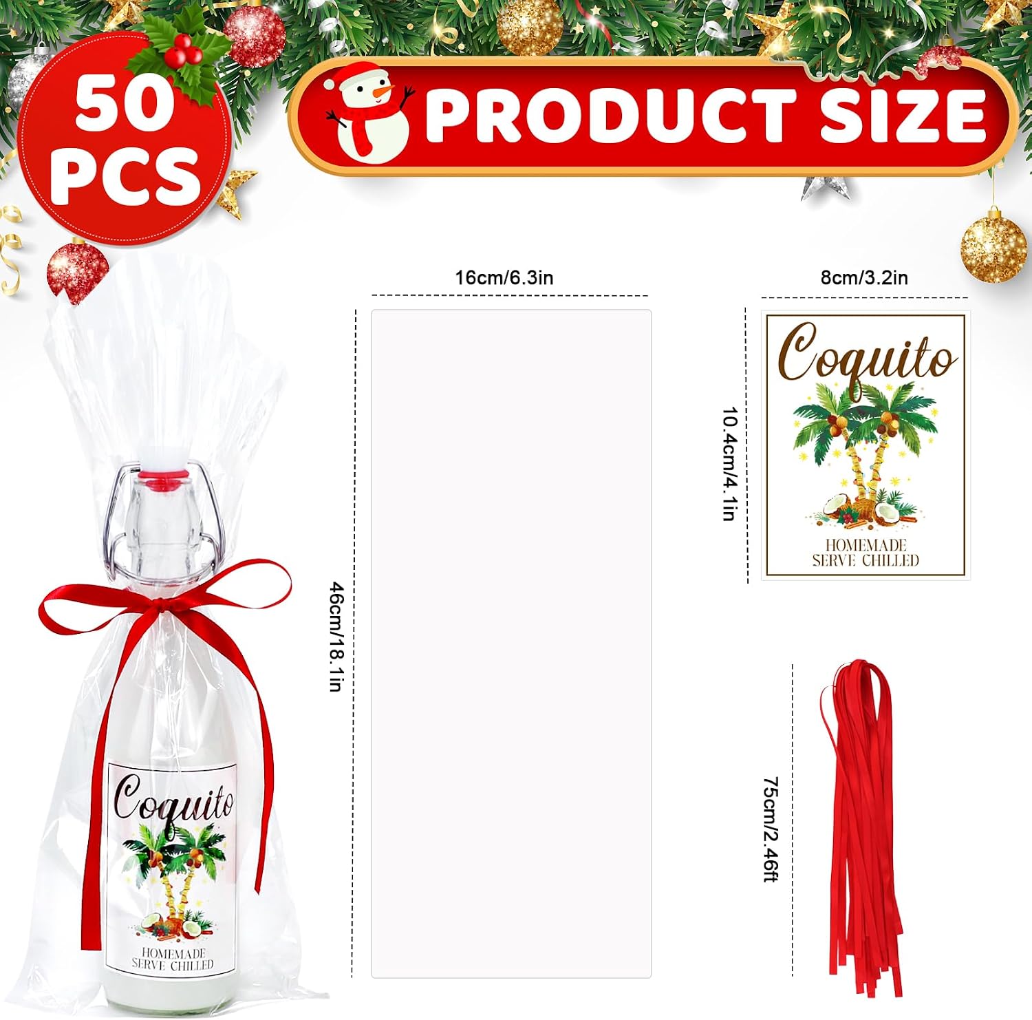 50 Sets Christmas Coquito Wine Bottle Label Stickers Kits - Cellophane Bags with Elegant Bottle Bow Decorations, Family Holiday Christmas New Year Party Supplies, Festive Table Decor (No Bottles)