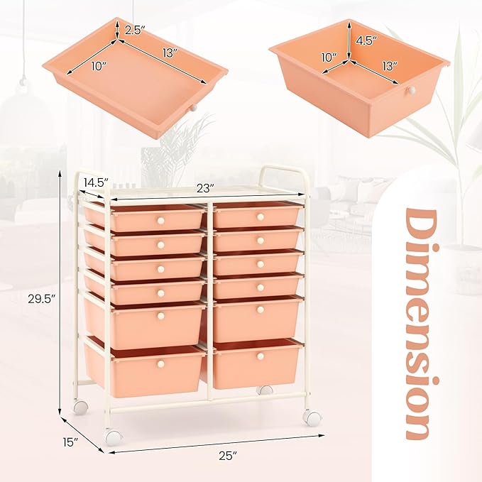 Happygrill 12-Drawer Rolling Storage Cart, 2 Sizes Plastic Drawers & Metal Shelf - Image 2