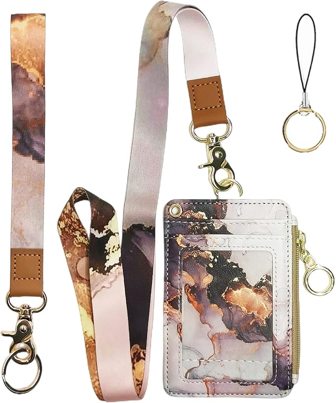 Marble ID Badge Holder with Lanyard, Card Name Tag Holders with Zipper by BOLIMOSS
