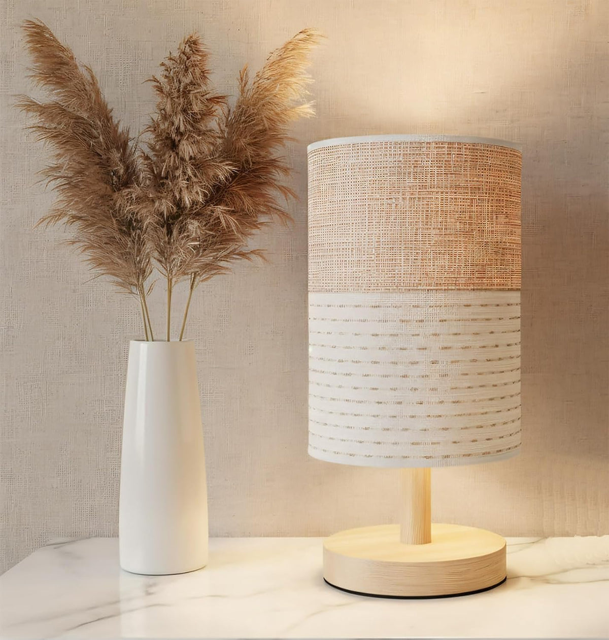AFORTLO Table Desk Lamp, Small Fabric Boho Decorative Nightstand Night Light ...