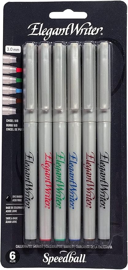 Speedball Elegant Writer Calligraphy 6 Marker Set, 3.0 mm Chisel Nib Tip Pens by SpeedballArt