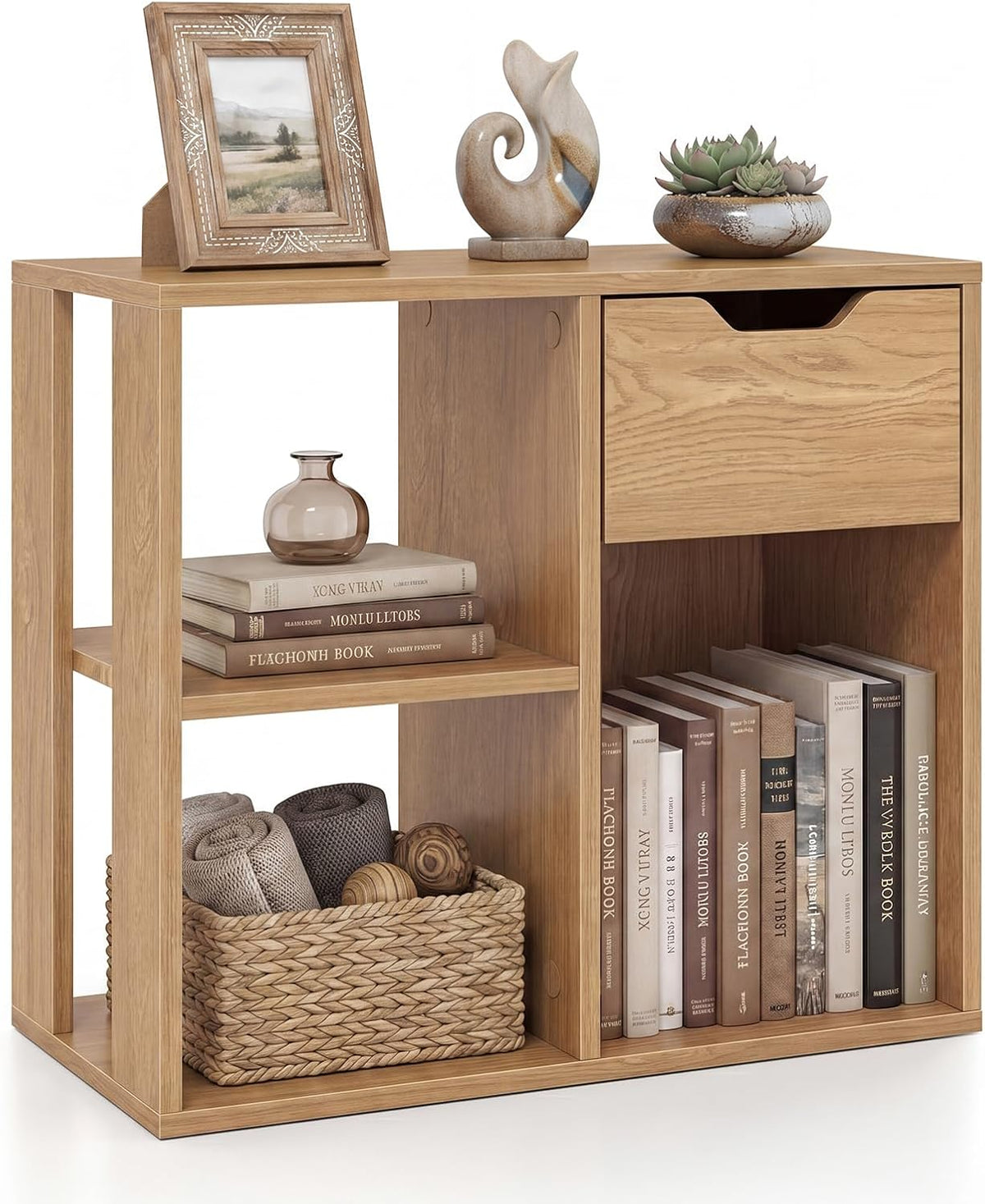 GIANTEX 3 Cube Bookcase with Drawer, 2 Tier Bookshelf for Small Space, Modern...