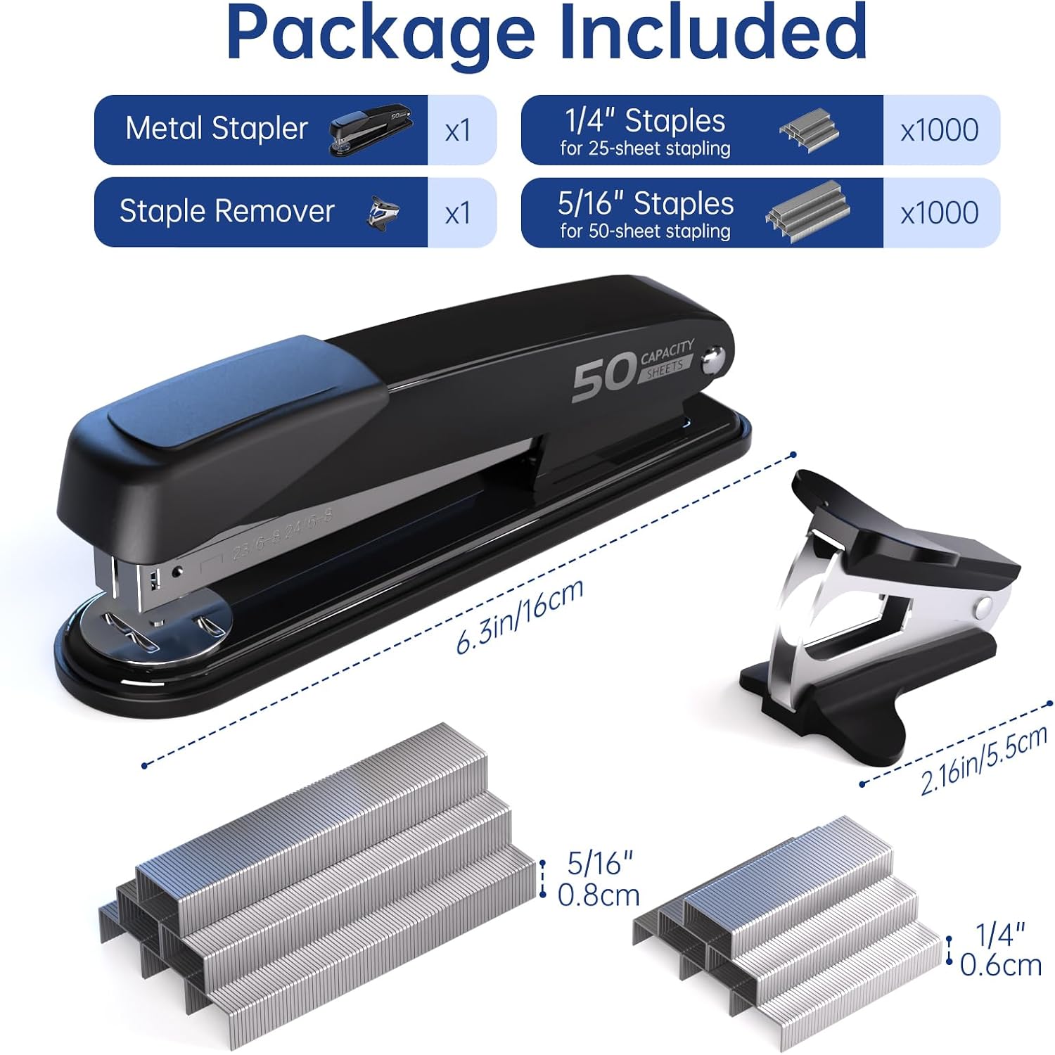 Metal Stapler Heavy Duty - 50 Sheet Capacity with 2000 Pieces 1/4", 5/16" Staples and Staple Remover, No Jam, Non-Slip, Stapler Heavy Duty for Desk, Classroom and Office, Black