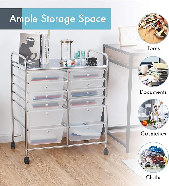 Happygrill 12-Drawer Rolling Storage Cart, 2 Sizes Plastic Drawers & Metal Shelf - Image 4