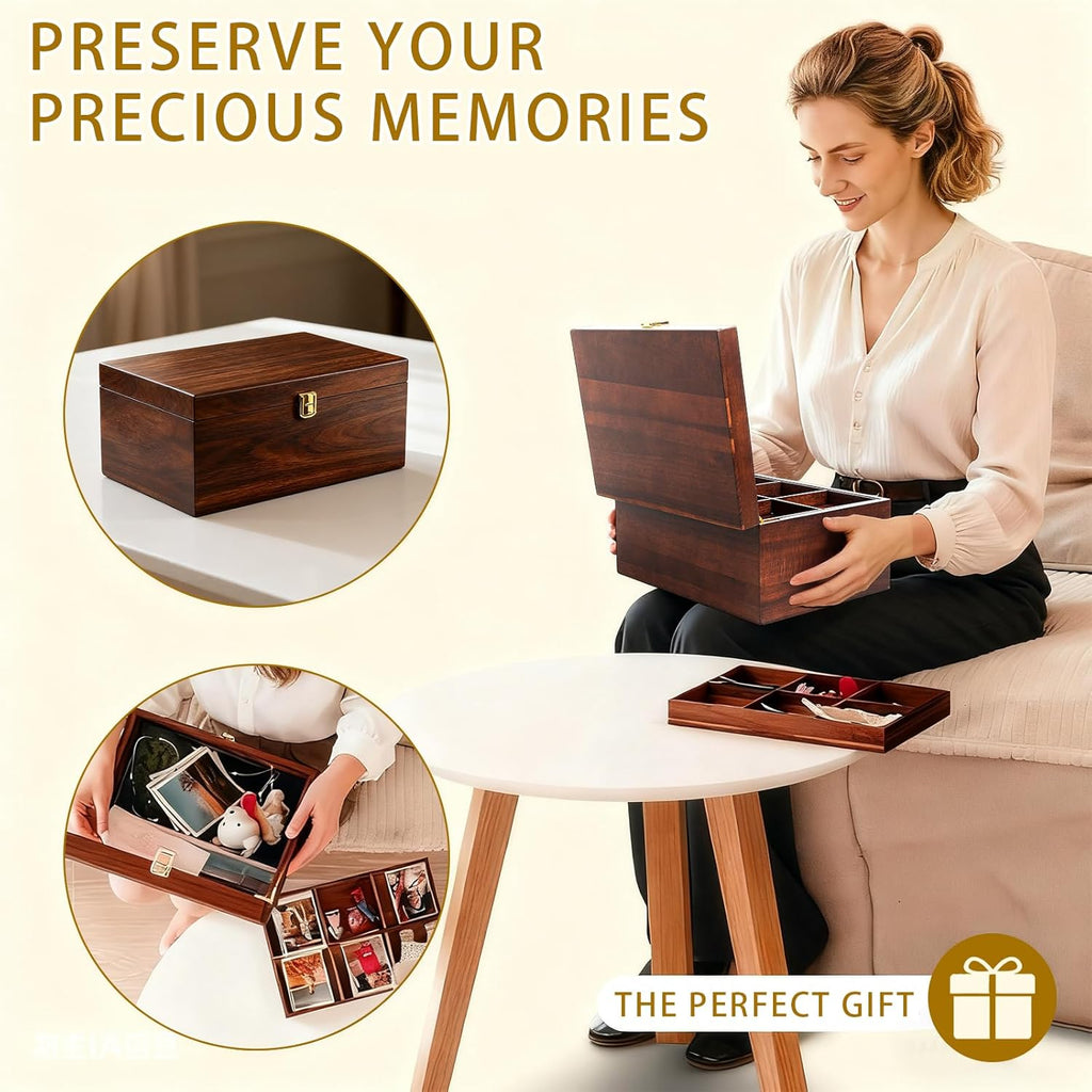 large wooden storage box with adjustable tray, 12.5, side view