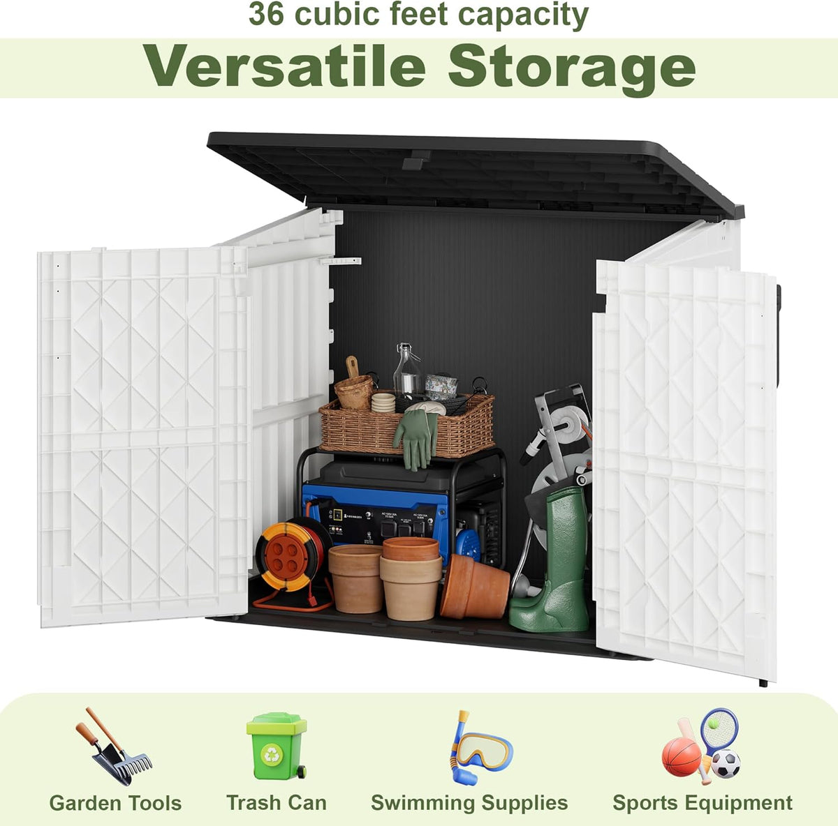 plastic outdoor storage shed, 36 cu ft waterproof, side view