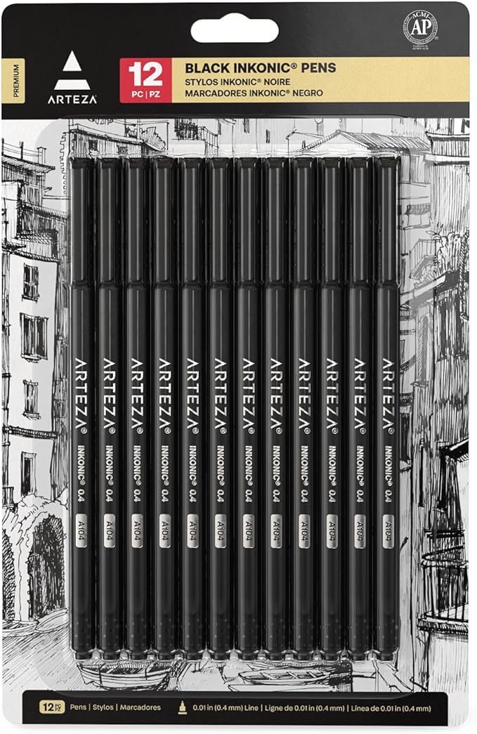 ARTEZA Black Inkonic Fineliners Pens, 0.4 mm Fine Tip Markers, Water-Based Art by ARTEZA