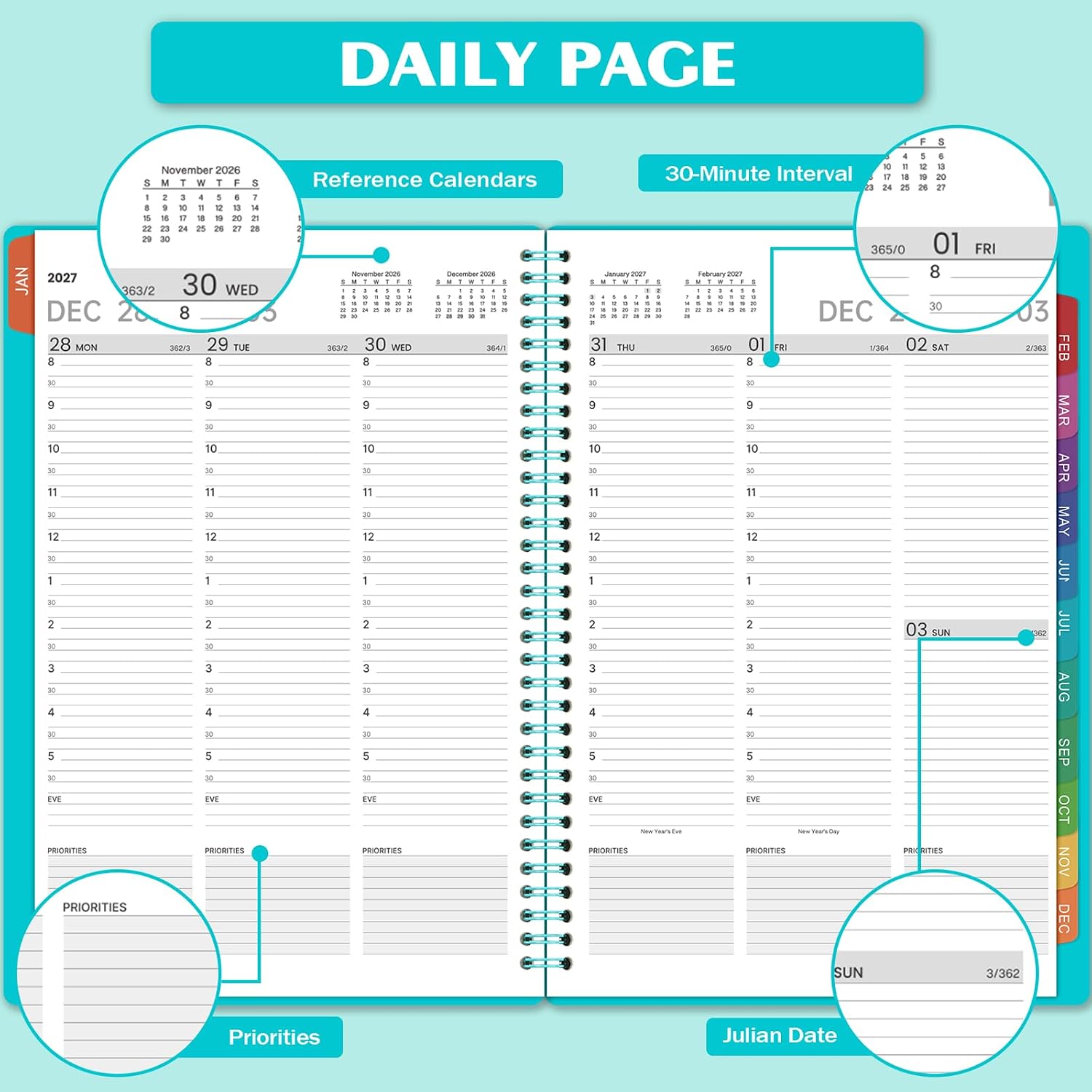 2027 Weekly Appointment Book & Planner - Daily Hourly Planner 2027, 9" x 11", January 2027 - December 2027, 30-Minute Interval, Lay - Flat, Spiral Binding, Thick Paper - Teal Green