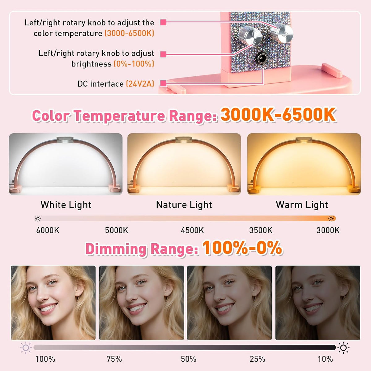 HITTI Super Large 31in Half Moon Light for Nail Desk, Crystal Diamond Pink