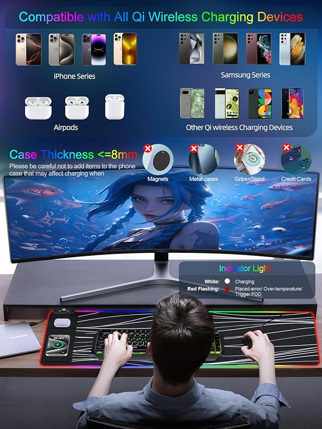 XXL Mouse Pad with Phone Holder, RGB Desk Mat with 15W Fast Charging, LED Large - Image 3