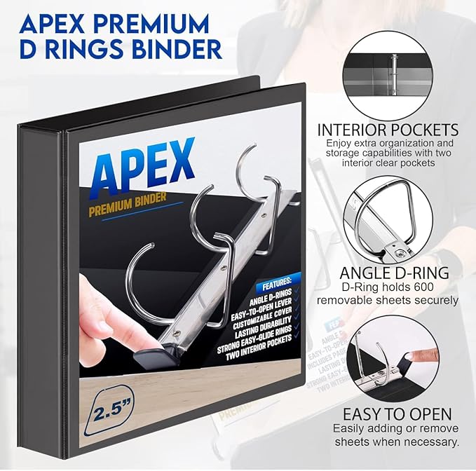 4 Pack of 2.5” Smooth Opening Angle D-Ring View Black Binders, Professional - Image 3