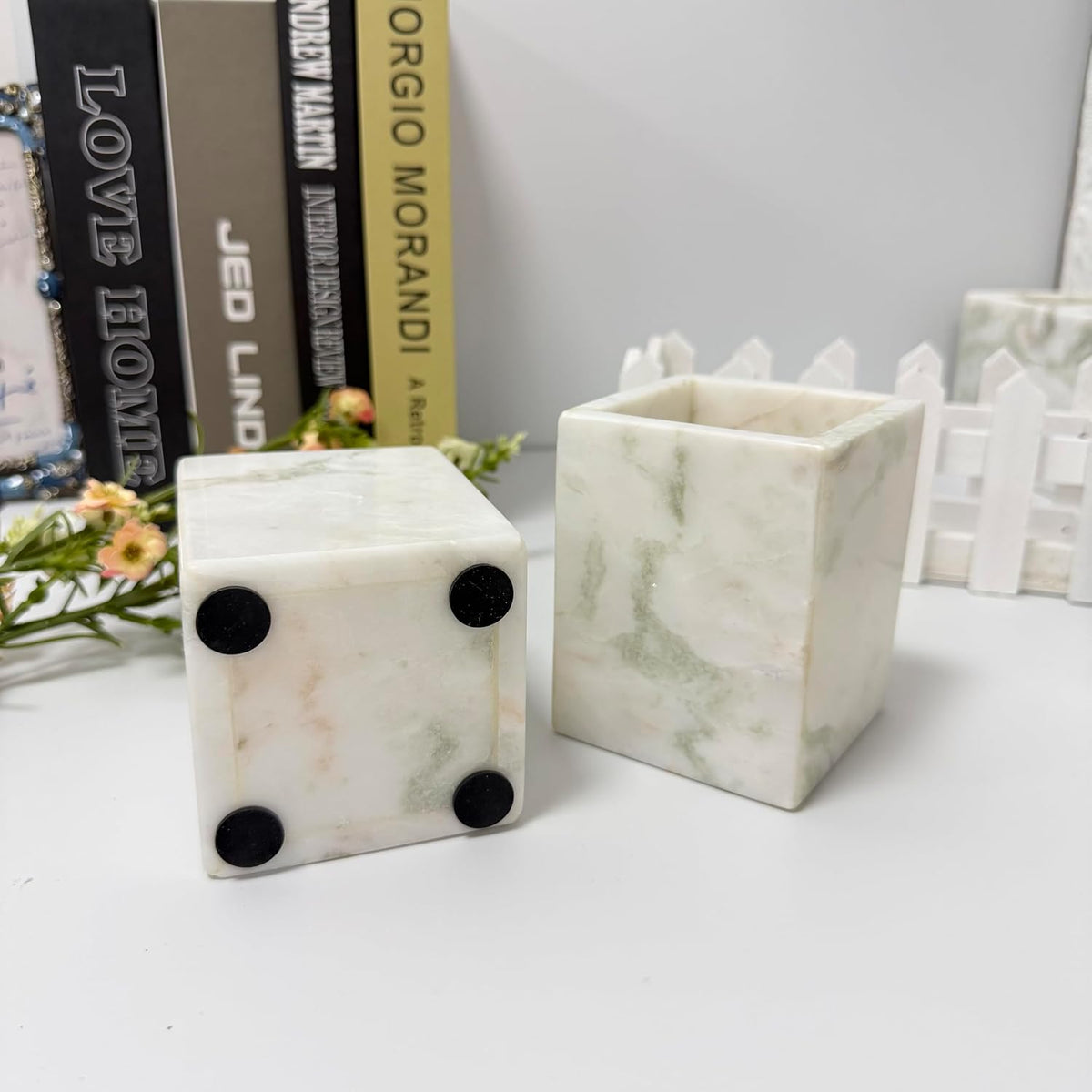 Natural Marble Pen Holder, 2.95" x 3.74" Square Hand-Polished Desk ...