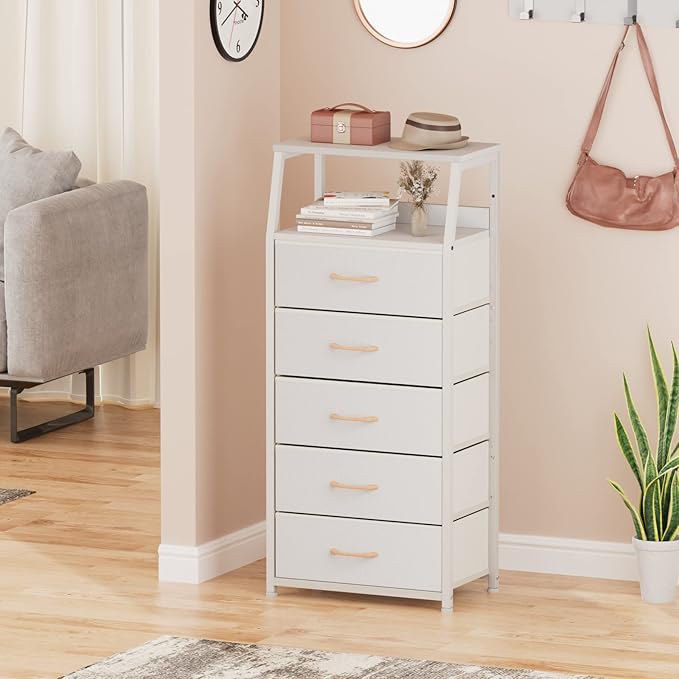 Furnulem White Dresser with 5 Drawers, Vertical Storage Tower Fabric Dresser - Image 8