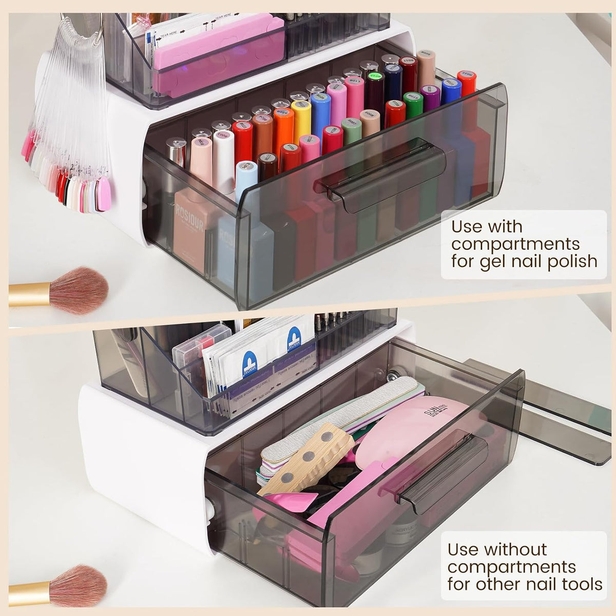 2-Tier Nail Tech Desk Organizer with Drawer for Polish, Brushes, Drill Bits