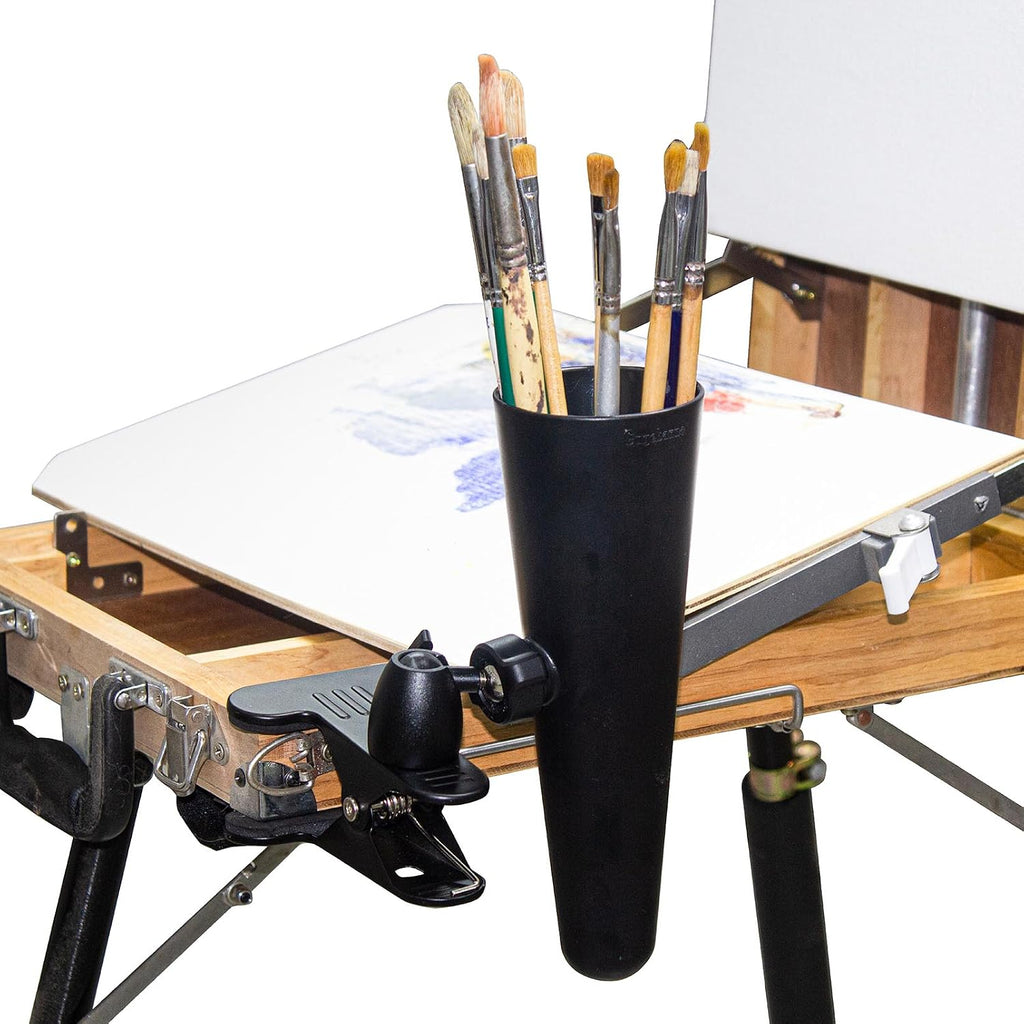 clip-on paint brush holder, 360-degree adjustable artist caddy, close-up detail
