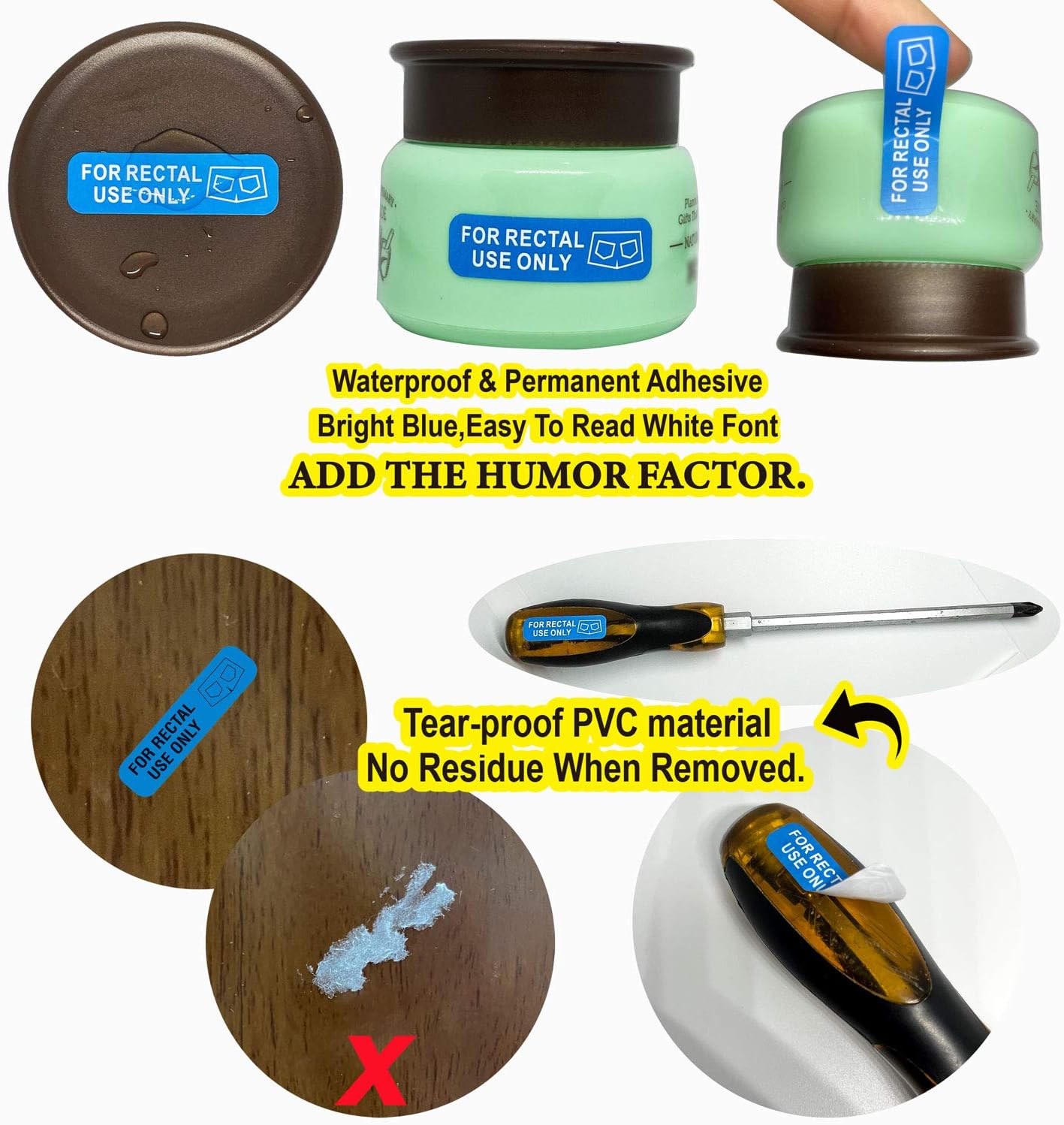 500 for Rectal Use Only Stickers / 1.5" x .433" Blue Stickers with Permanent Adhesive Made with Durable PVC Material Waterproof - White Lettering, Easy to Read
