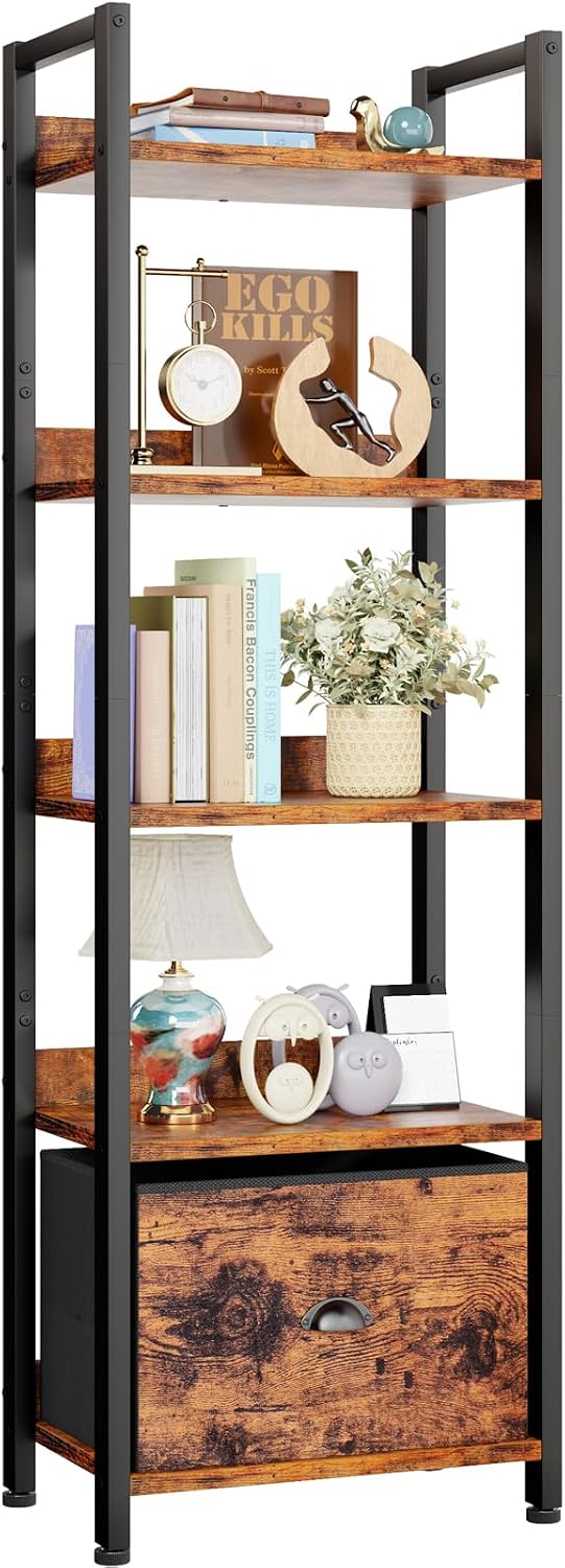 Furologee 5 Tier Bookshelf with Drawer, Tall Narrow Bookcase, Rustic Brown