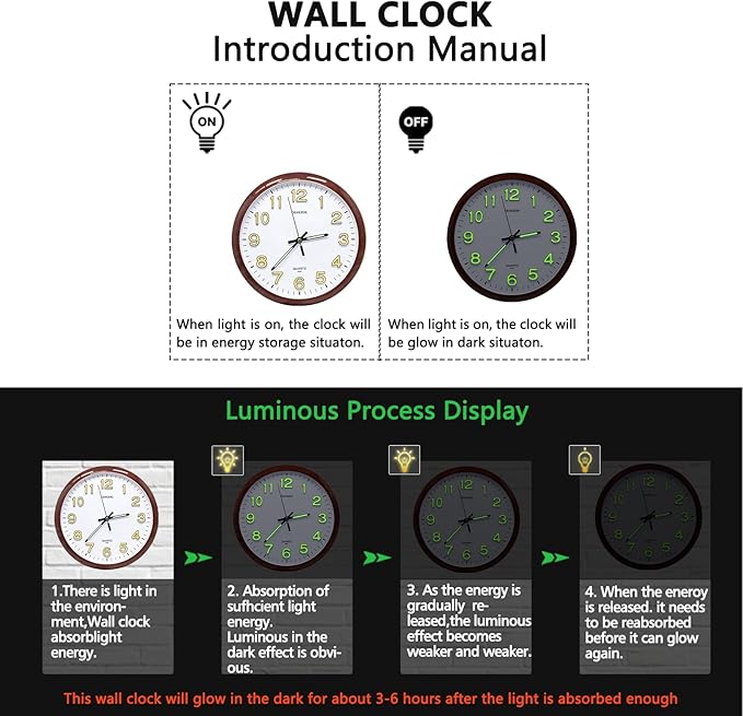 Oxmidud Glow in The Dark 3D Numerals Wall Clock，12 Inch Retro Silent - Image 3
