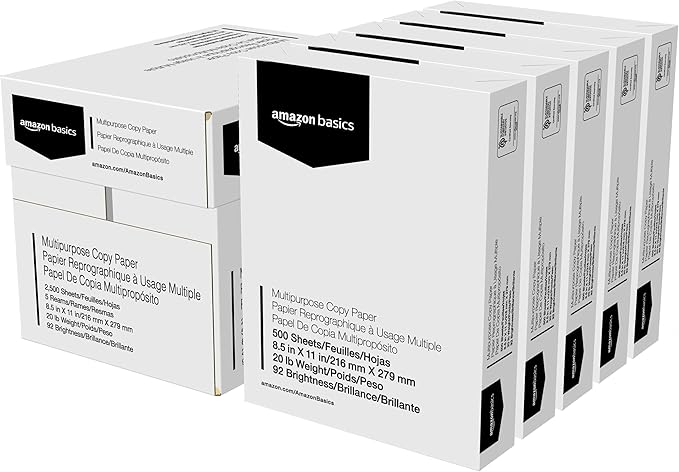 Amazon Basics Multipurpose Copy Printer Paper, 20 lb, 8.5 x 11 Inches, 5 Reams by AmazonBasics