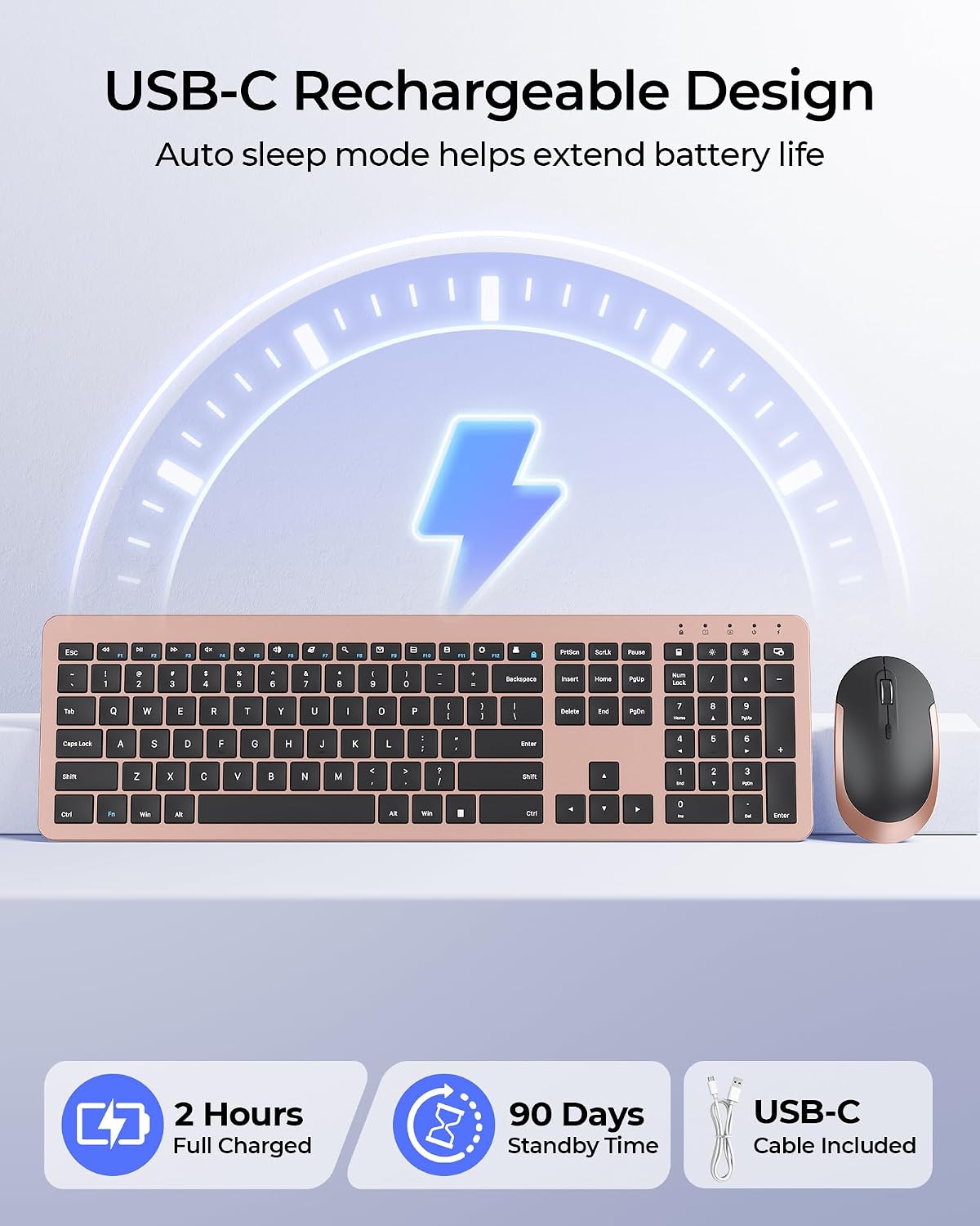 seenda Rechargeable Wireless Keyboard and Mouse Combo, Rose Gold & Black