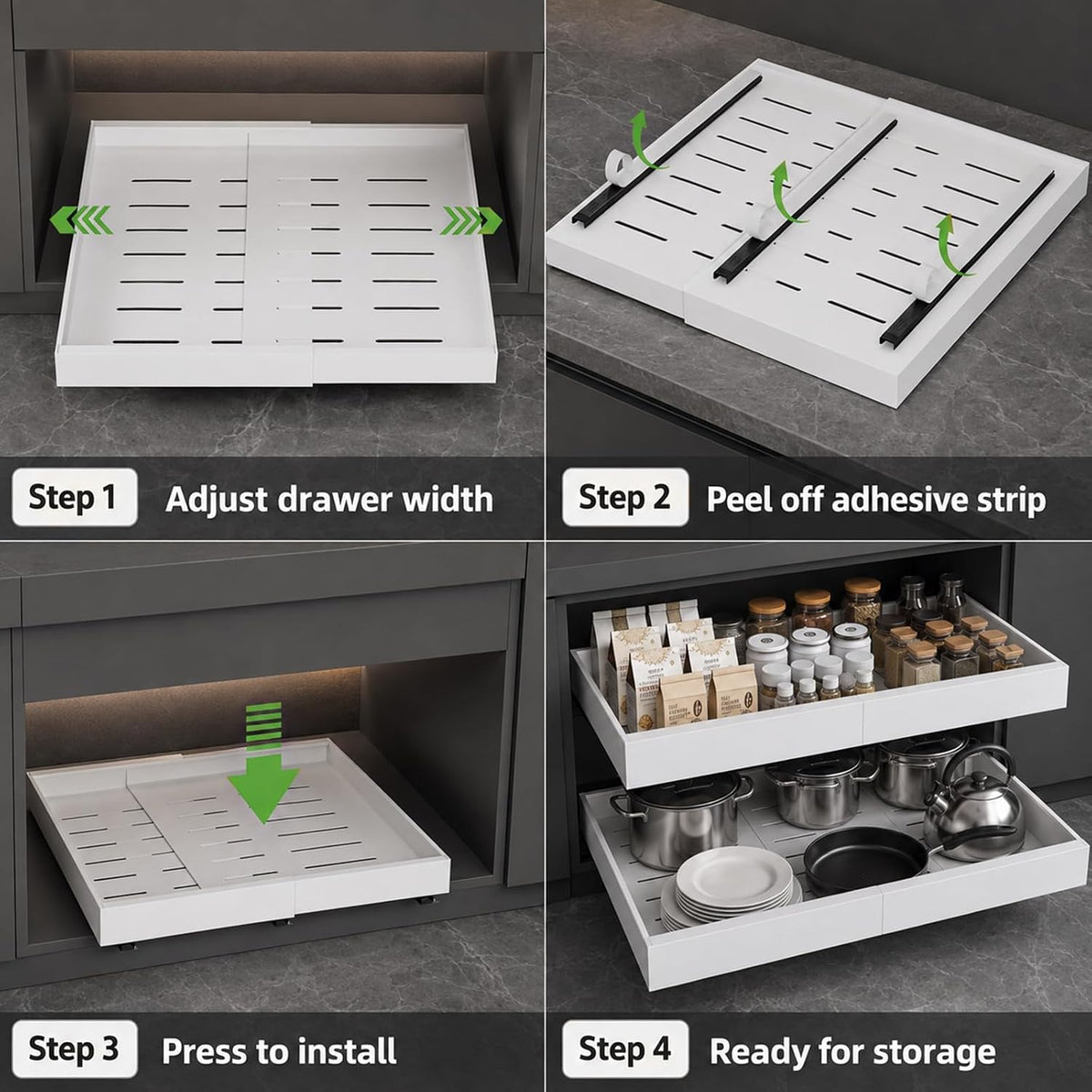 Seinloes 4 Pack Expandable Pull Out Cabinet Organizer 21"Deep With Raisi...