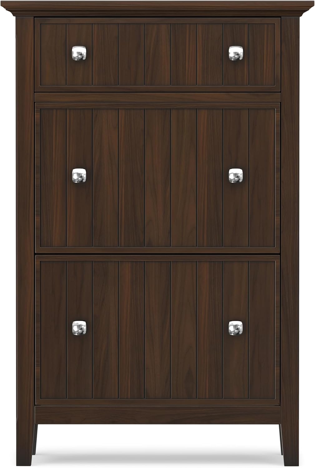 SIMPLIHOME Acadian 32" Wide Solid Wood Shoe Cabinet in Brunette Brown