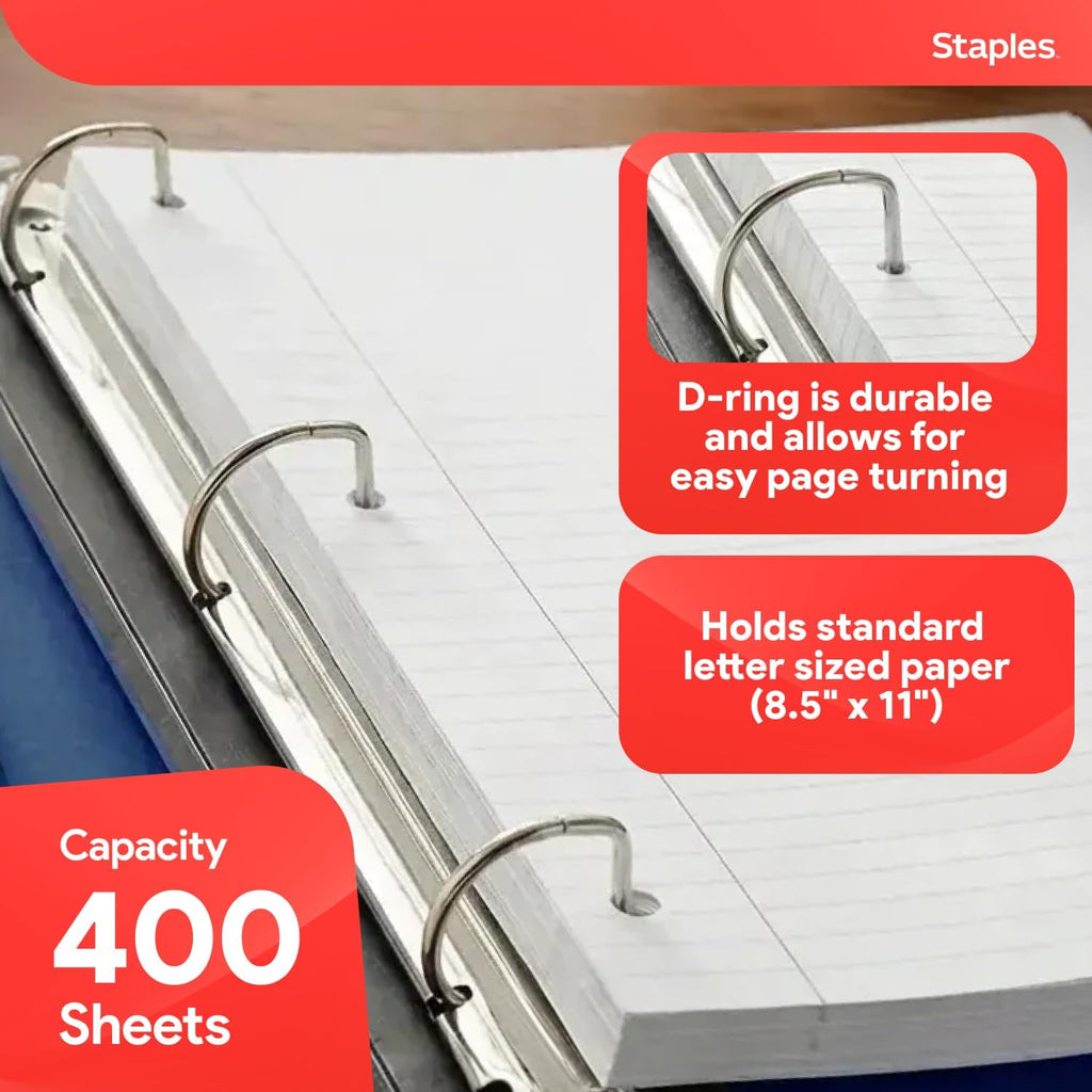 Staples Better View 1.5-Inch D-Ring Binder, Blue, Clear Overlay | Durable 3-ring binder for school and office document organization.